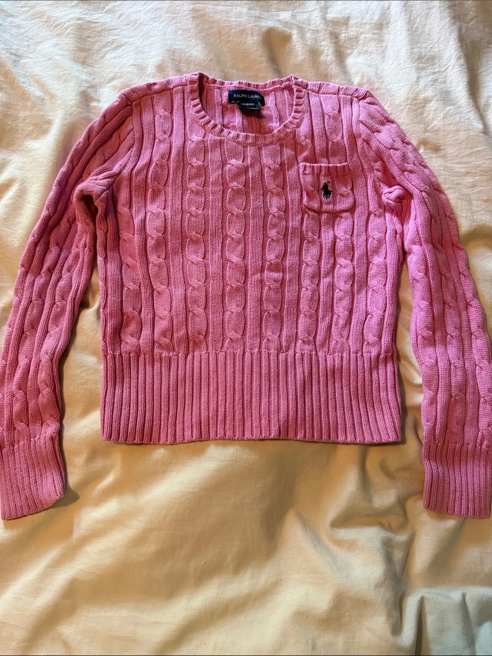 Ralph Lauren Pink Cable-Knit Cotton Crew Sweater